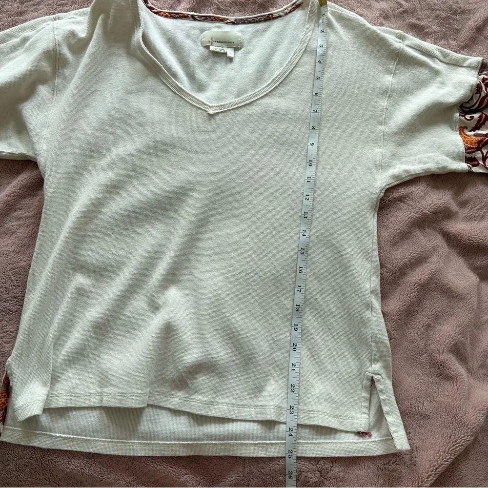 Anthropologie Waffle Knit Top Women's XS Cream Burgundy Floral Long Puff Sleeve